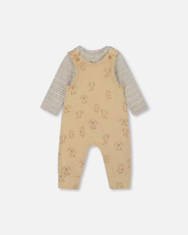 Organic Cotton Onesie With Overalls Set Beige Printed Dogs-0