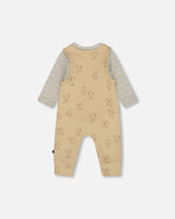 Organic Cotton Onesie With Overalls Set Beige Printed Dogs-2