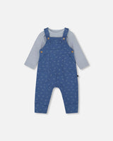 Organic Cotton Onesie And Overalls Set Blue Leaf Print-0