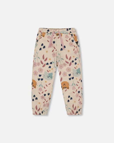 Glittering French Terry Sweatpant Beige Cat Print-0