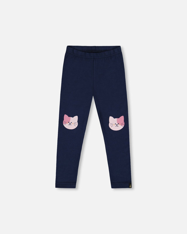 Organic Cotton Jersey Leggings Dark Blue With Cats-0