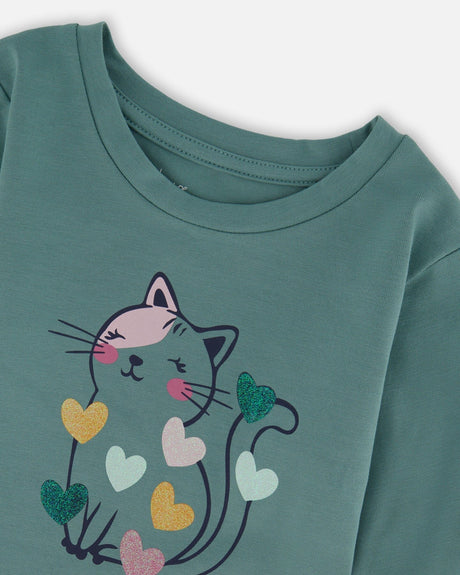 Organic Cotton T-Shirt Sage With Cat-3