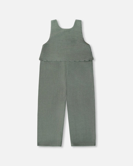 Stretch Velour Faux-Layered Overalls Jade Green-3
