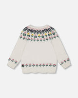 Jacquard Knit Cardigan Off-White With Floral Pattern-2