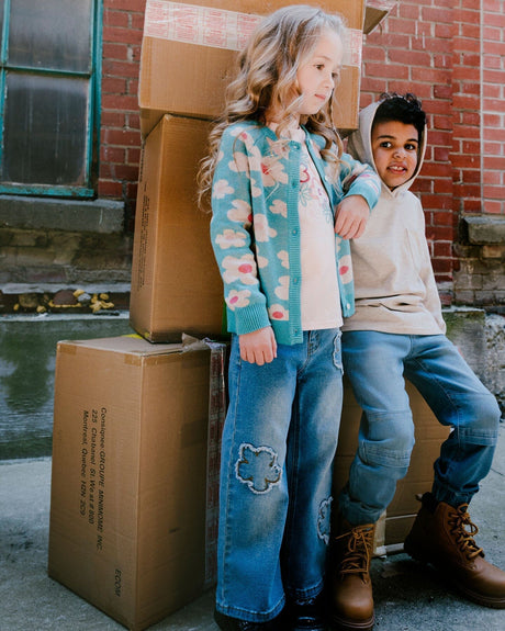 Wide Leg Stretch Light Blue Denim Jeans With Flower Stitching-1