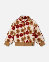 Full Zip Sherpa Jacket With Jacquard Floral Pattern Beige And Red-0