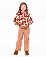 Full Zip Sherpa Jacket With Jacquard Floral Pattern Beige And Red-1