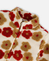 Full Zip Sherpa Jacket With Jacquard Floral Pattern Beige And Red-3