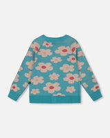 Button Front Knitted Cardigan Turquoise Blue-2