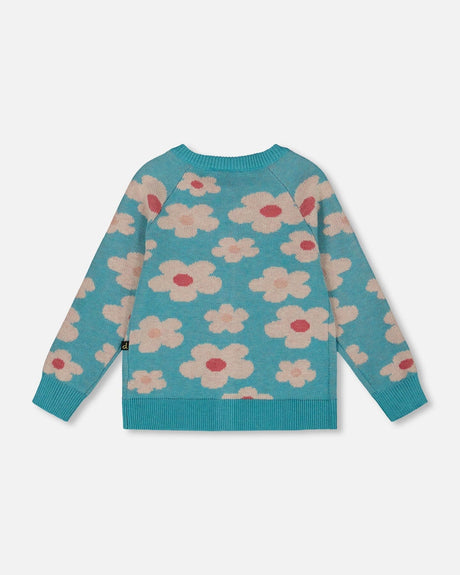 Button Front Knitted Cardigan Turquoise Blue-2