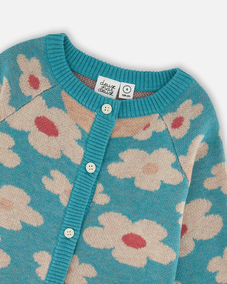 Button Front Knitted Cardigan Turquoise Blue-3