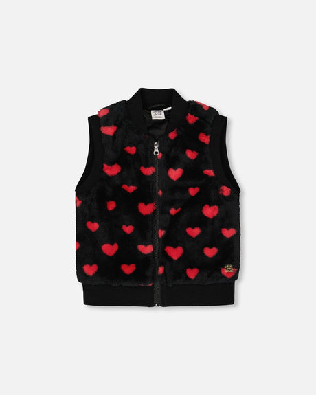 Faux Fur Sleeveless Vest Black And Red With Hearts-0