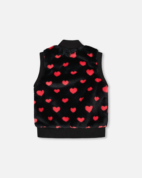 Faux Fur Sleeveless Vest Black And Red With Hearts-2
