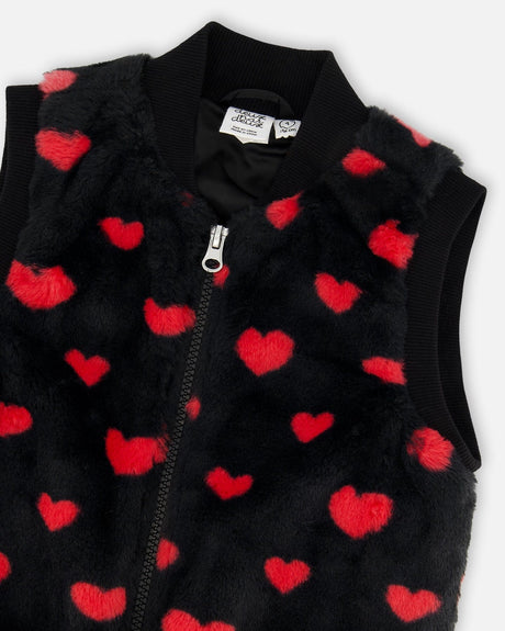 Faux Fur Sleeveless Vest Black And Red With Hearts-4