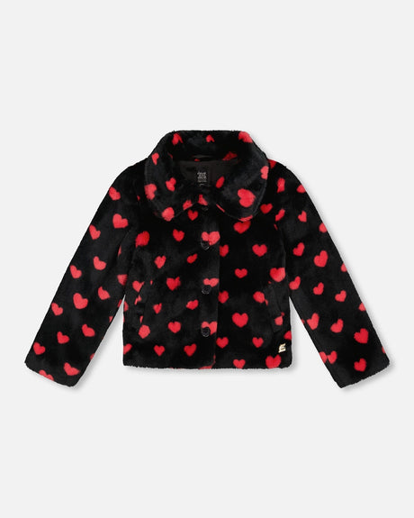 Faux Fur Short Coat Black And Red With Hearts-0