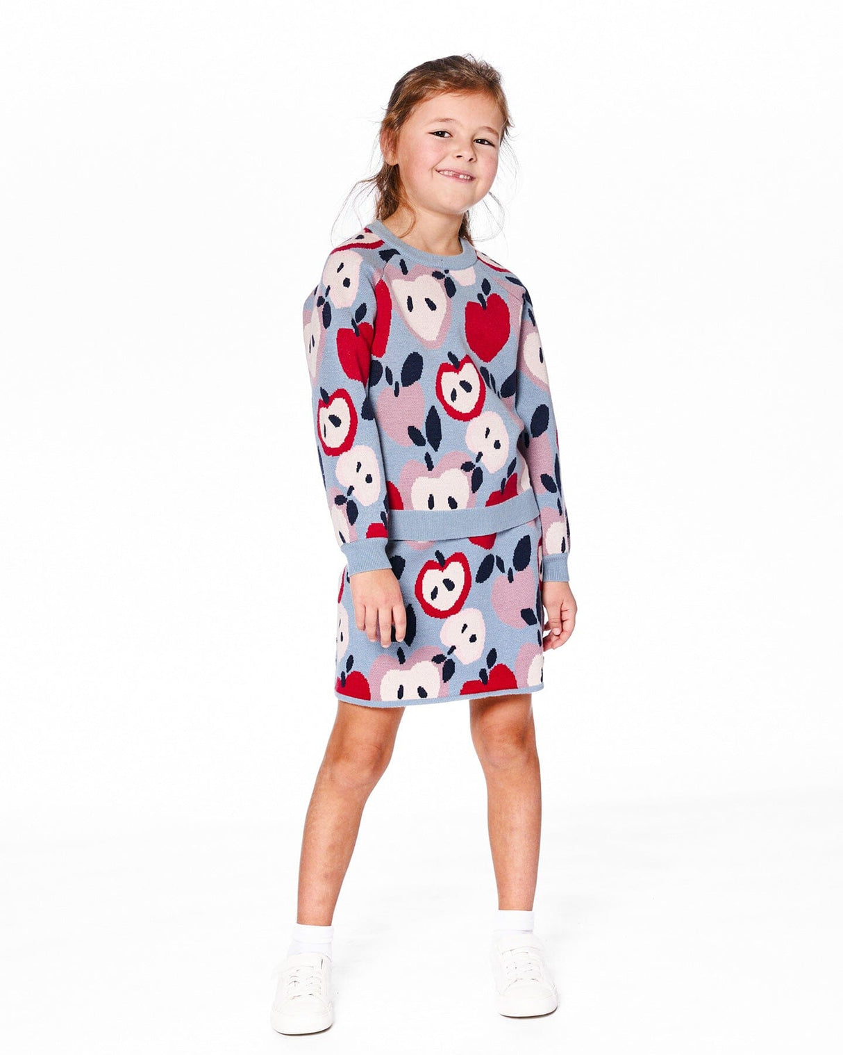 Knit Skirt Blue And Red With Apple Heart Jacquard-1