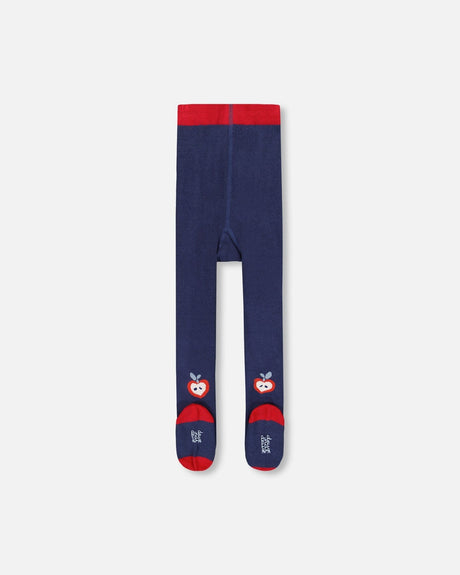 Knit Tights Navy Blue With Apples-1
