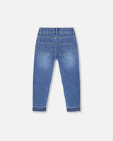 Jeans Blue Denim With Frayed Hems And Floral Embroideries-3