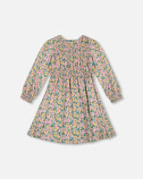 Smocked Viscose Dress Green With Floral Print-3