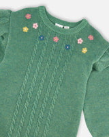 Knitted Dress Sage Green With Ruffles And Floral Embroidery-3