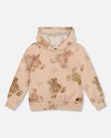 Glittering French Terry Hoodie Beige Teddy Bear Print-0