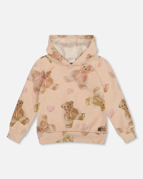 Glittering French Terry Hoodie Beige Teddy Bear Print-0