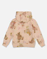 Glittering French Terry Hoodie Beige Teddy Bear Print-2