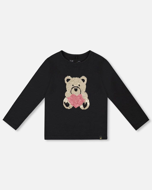 Black Organic Cotton T-Shirt With Reversible Sequin Teddy Bear-0