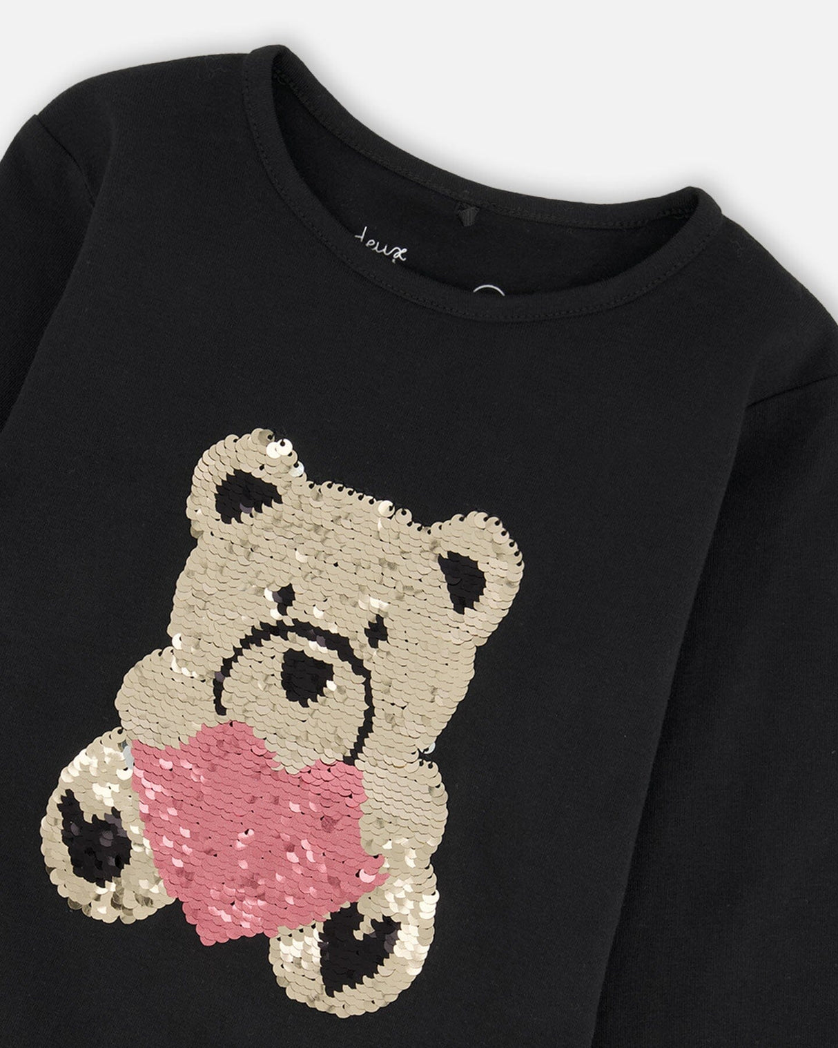 Black Organic Cotton T-Shirt With Reversible Sequin Teddy Bear-3