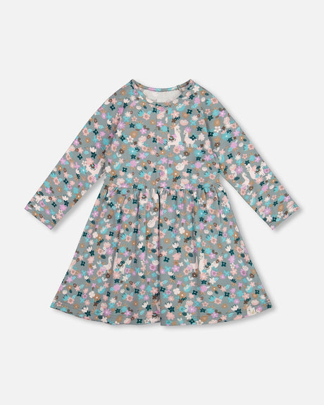 Half Button Organic Cotton Dress Blue Llama Print-0