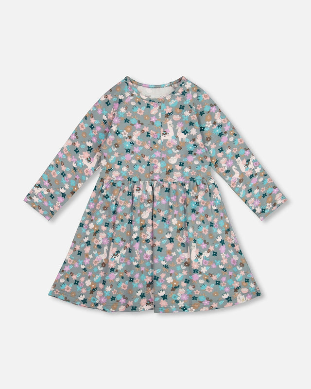 Half Button Organic Cotton Dress Blue Llama Print-0