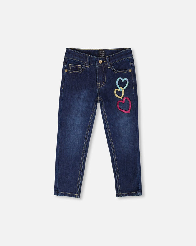 Stretch Jeans Blue Denim With Glittery Hearts-0