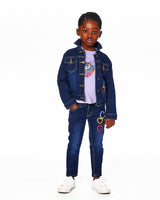 Stretch Denim Jacket Dark Blue With Glittery Hearts And Unicorn-1