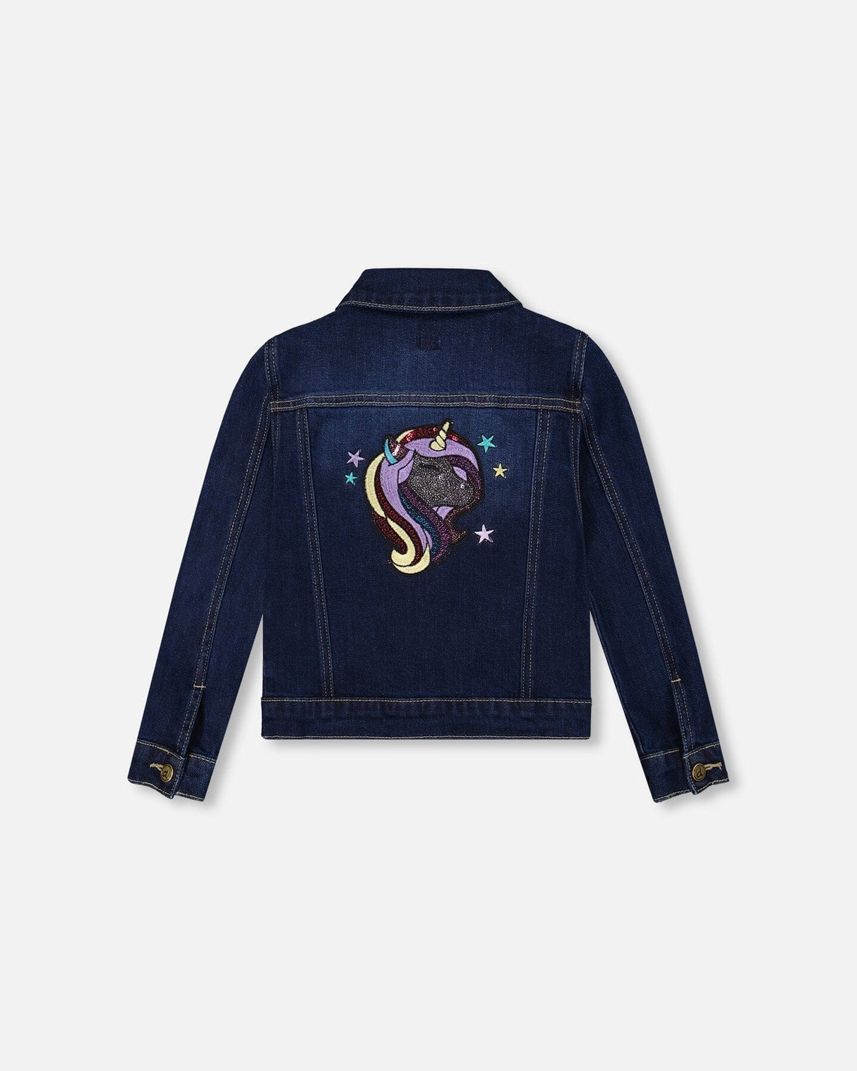 Stretch Denim Jacket Dark Blue With Glittery Hearts And Unicorn-2