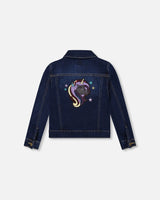 Stretch Denim Jacket Dark Blue With Glittery Hearts And Unicorn-2