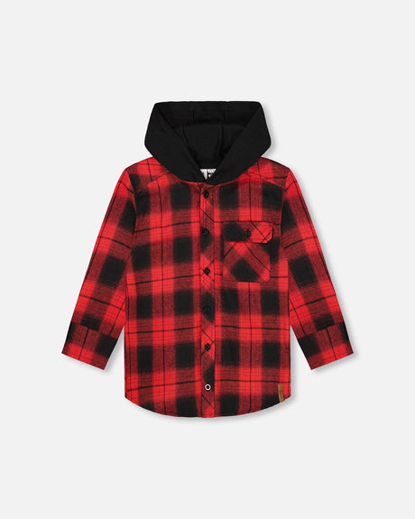Plaid Flannel Shirt With Hoodie Red And Black-0