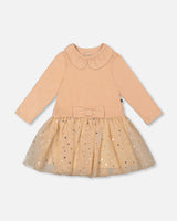 Bi-Material Dress With Glittering Skirt Beige-0