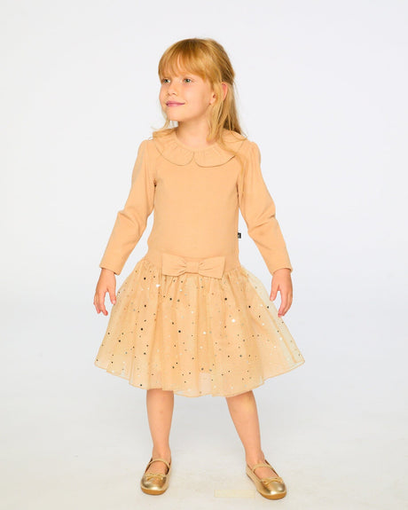 Bi-Material Dress With Glittering Skirt Beige-1