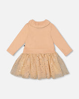Bi-Material Dress With Glittering Skirt Beige-2