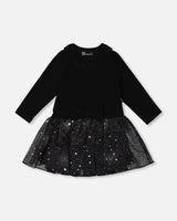 Bi-Material Dress With Glittering Skirt Black-0