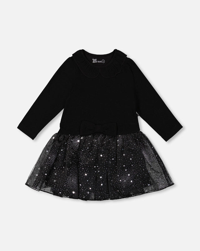 Bi-Material Dress With Glittering Skirt Black-0
