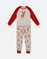 Organic Cotton Two-Piece Pajamas Beige Girly Reindeer Print-0