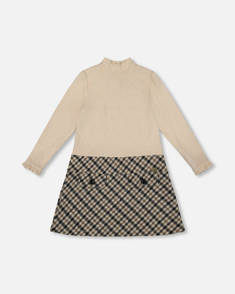 Long Sleeve Bi-Material Mock Neck Dress Beige And Plaid-0