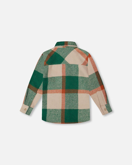 Long Sleeve Yarn Dyed Plaid Shirt Green And Orange-3