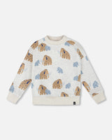 Long Sleeve Crew Neck Fleece Sweatshirt Beige Mammoth Print-0