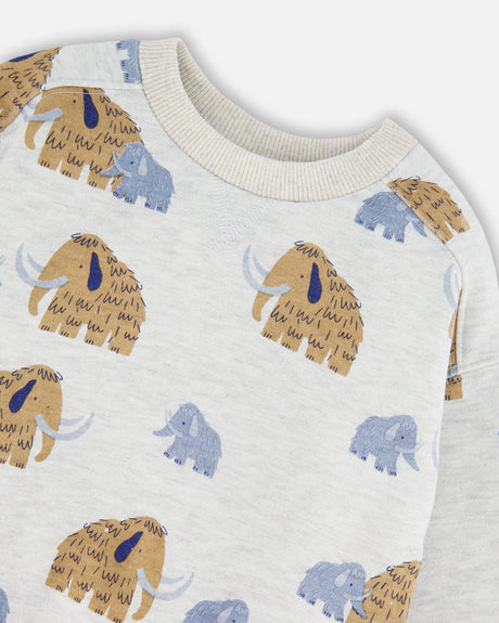 Long Sleeve Crew Neck Fleece Sweatshirt Beige Mammoth Print-3