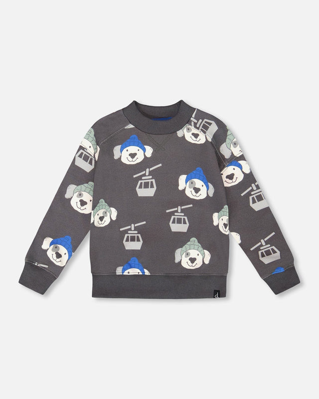 Fleece Pullover Sweatshirt Gray Dog Print-0