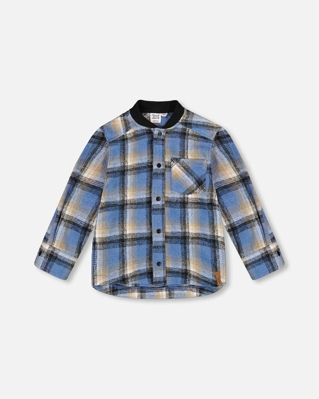Long Sleeve Brushed Plaid Button Down Shirt Avec Rib Collar-0