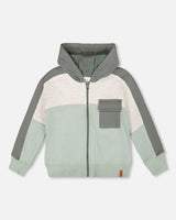 Full Zip Fleece Color Block Sweatshirt Green Gray-0