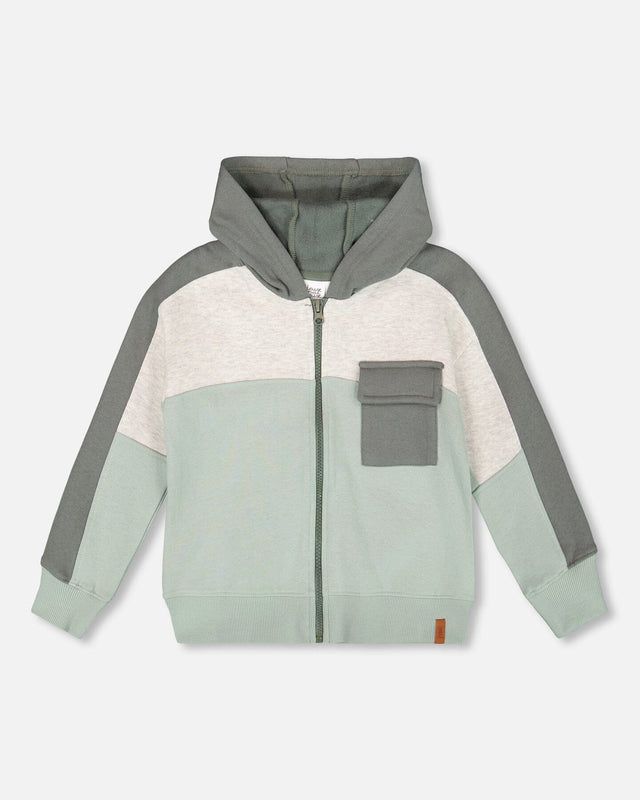 Full Zip Fleece Color Block Sweatshirt Green Gray-0